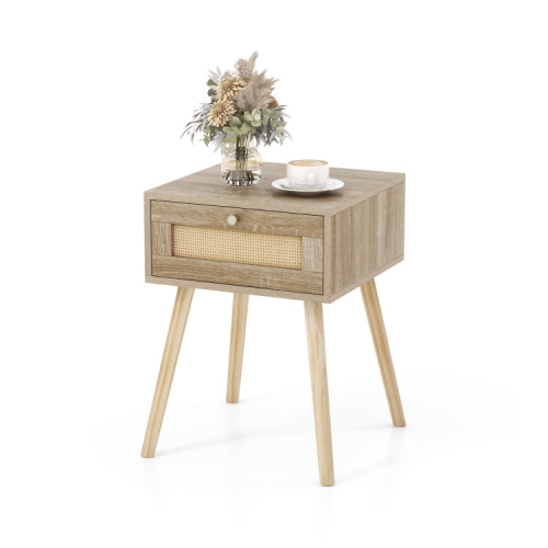 SLICKBLUE  Modern Rattan Nightstand With Drawer And Solid Wood Legs for Bedroom And Living Room