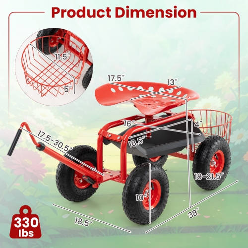 Gymax Rolling Garden Cart Scooter w/ Adjustable Seat Storage Basket Tray Red