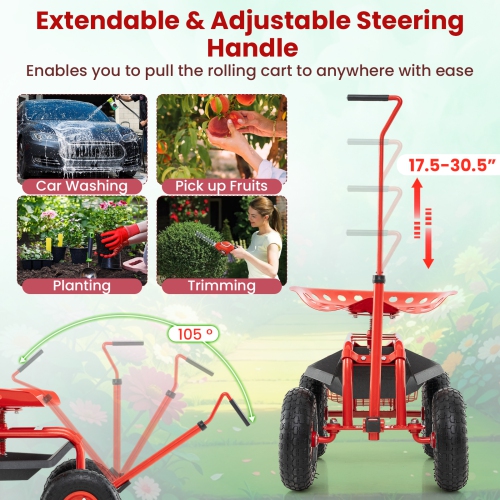 Gymax Rolling Garden Cart Scooter w/ Adjustable Seat Storage Basket Tray Red