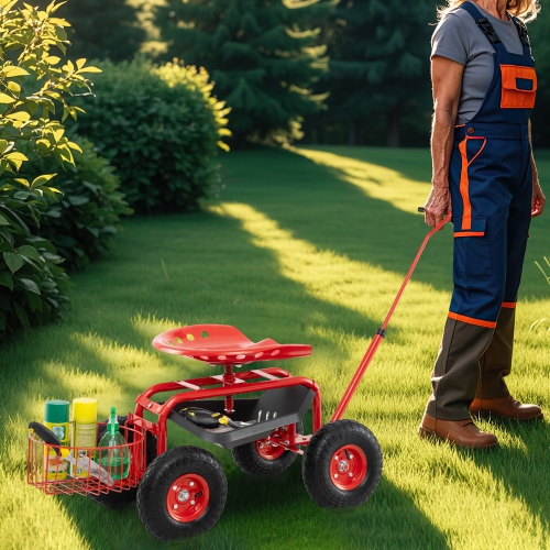 Gymax Rolling Garden Cart Scooter w/ Adjustable Seat Storage Basket Tray Red