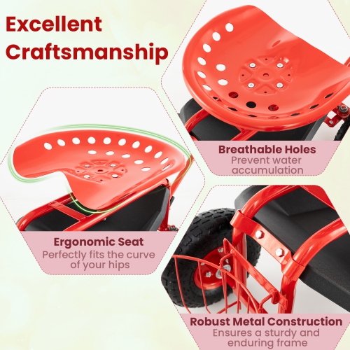 Gymax Rolling Garden Cart Scooter w/ Adjustable Seat Storage Basket Tray Red