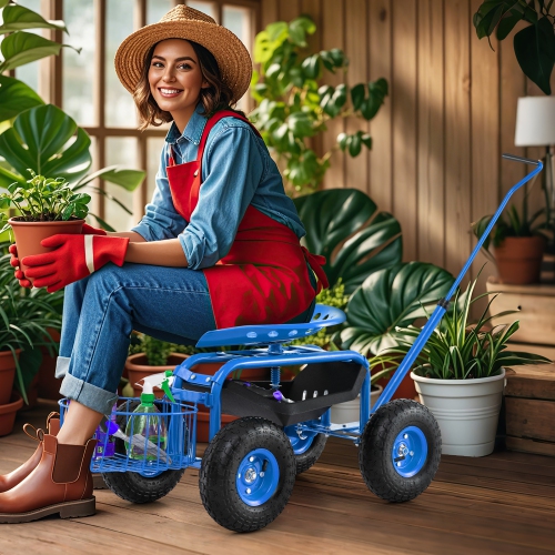 Gymax Rolling Garden Cart Scooter w/ Adjustable Seat Storage Basket Tray Blue