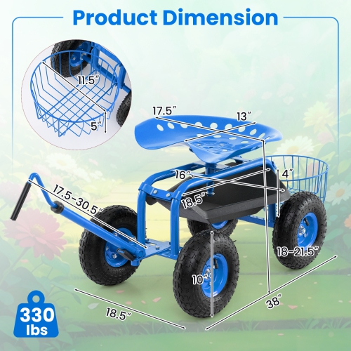 Gymax Rolling Garden Cart Scooter w/ Adjustable Seat Storage Basket Tray Blue