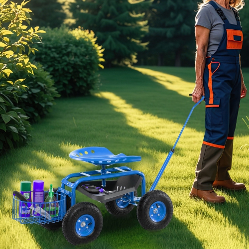 Gymax Rolling Garden Cart Scooter w/ Adjustable Seat Storage Basket Tray Blue