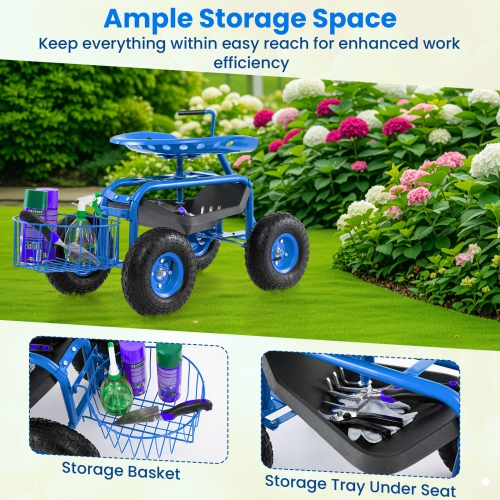 Gymax Rolling Garden Cart Scooter w/ Adjustable Seat Storage Basket Tray Blue