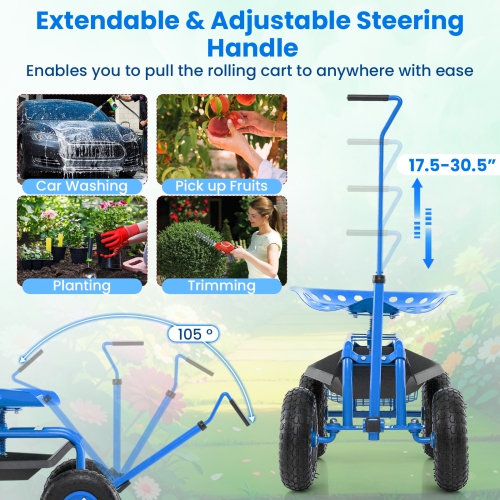 Gymax Rolling Garden Cart Scooter w/ Adjustable Seat Storage Basket Tray Blue
