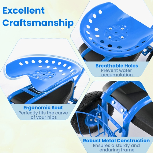 Gymax Rolling Garden Cart Scooter w/ Adjustable Seat Storage Basket Tray Blue