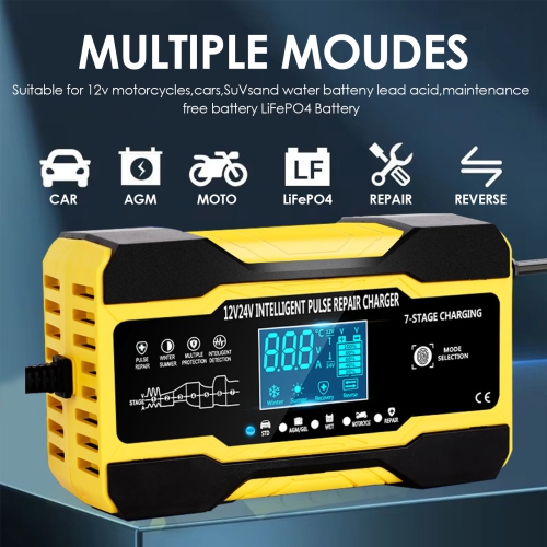 Portable Car Battery Charger, 12V 10A, 24V 5A Pulse Repair Charger with LCD Display for Motorcycle, Car