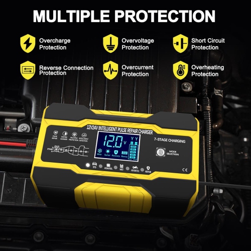 Portable Car Battery Charger, 12V 10A, 24V 5A Pulse Repair Charger with LCD Display for Motorcycle, Car