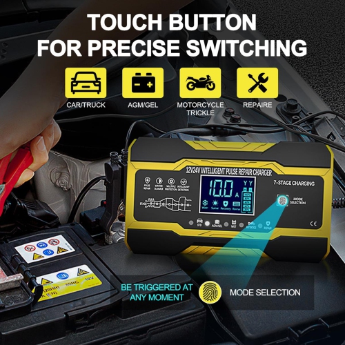 Portable Car Battery Charger, 12V 10A, 24V 5A Pulse Repair Charger with LCD Display for Motorcycle, Car