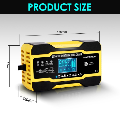 Portable Car Battery Charger, 12V 10A, 24V 5A Pulse Repair Charger with LCD Display for Motorcycle, Car
