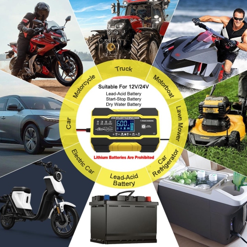 Portable Car Battery Charger, 12V 10A, 24V 5A Pulse Repair Charger with LCD Display for Motorcycle, Car