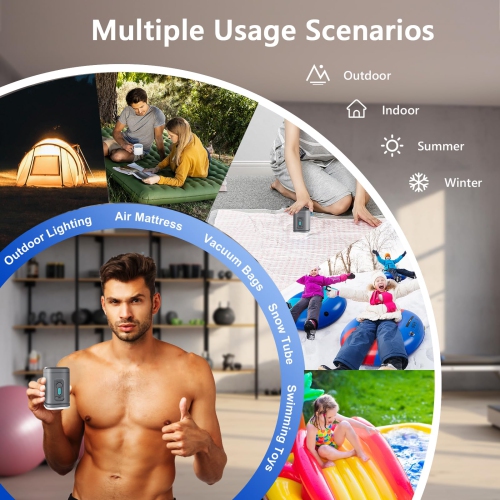 Mini Portable Air Pump, Electric Rechargeable Inflator and Deflation Pump with Camping Light, Suitable for Home Use and Travel