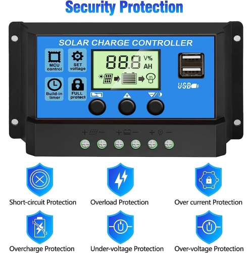 Contrôleur de charge solaire MPPT de 30 A, régulateur intelligent à panneau solaire 12 V/24 V avec écran LCD et deux ports USB