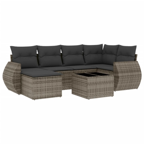 Ensemble de 7 pièces avec divan de jardin et coussins gris en rotin de polyester