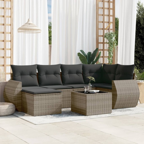 Ensemble de 7 pièces avec divan de jardin et coussins gris en rotin de polyester