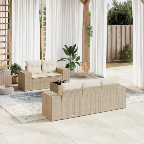 vidaXL 6 Piece Garden Sofa Set with Cushions Beige Poly Rattan