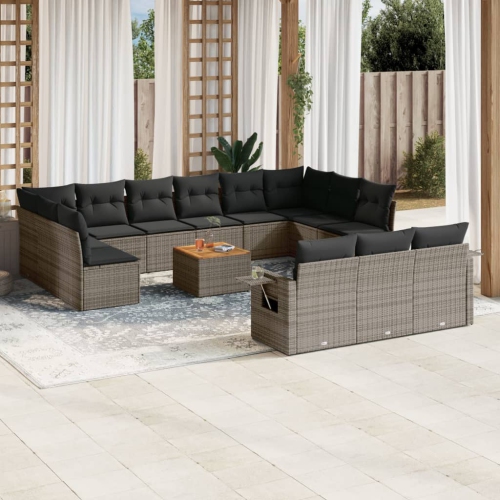 Ensemble de 14 pièces avec divan de jardin et coussins gris en rotin de polyester
