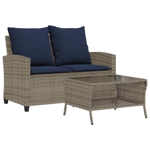 vidaXL Garden Sofa 2-Seater with Cushions&Table Grey Poly Rattan