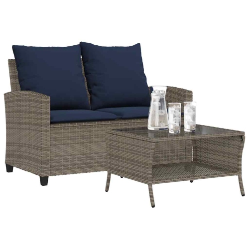 vidaXL Garden Sofa 2-Seater with Cushions&Table Grey Poly Rattan