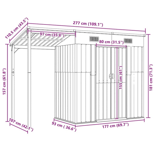vidaXL Garden Shed with Extended Roof Light Brown 277x107x181cm Steel