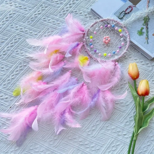 Girly Dream Catcher with Artificial Feathers and Beaded Flowers Ornament Wind Chime DIY Material Kit Children's Room Cartoon Decorative Pendant