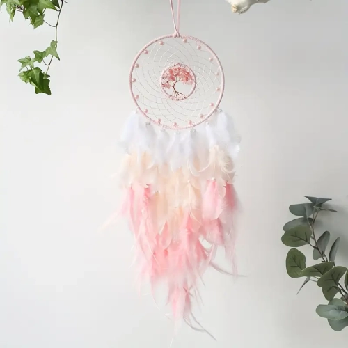 CHSSHA00  Dream Catchers - Tree Of Life Crystal Dream Catcher for Girls & Boys Kids Room Decor - Boho Wall Hanging In Pink