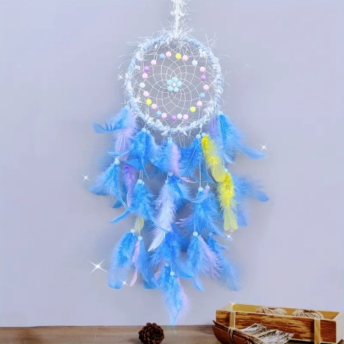 Girly Dream Catcher with Artificial Feathers and Beaded Flowers Ornament Wind Chime DIY Material Kit Children's Room Cartoon Decorative Pendant