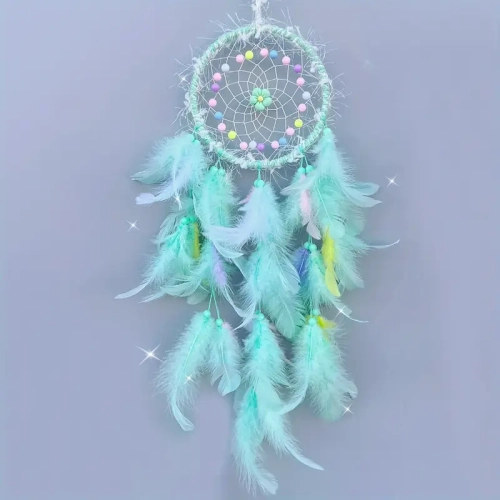 Girly Dream Catcher with Artificial Feathers and Beaded Flowers Ornament Wind Chime DIY Material Kit Children's Room Cartoon Decorative Pendant