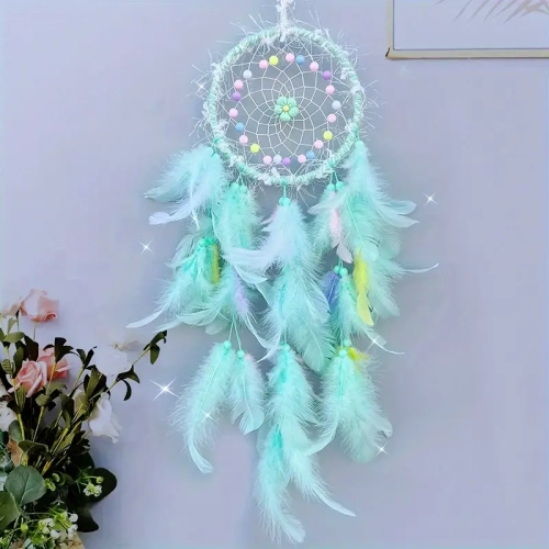 Girly Dream Catcher with Artificial Feathers and Beaded Flowers Ornament Wind Chime DIY Material Kit Children's Room Cartoon Decorative Pendant