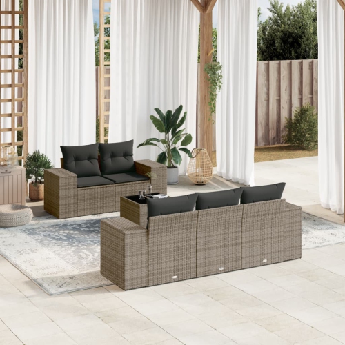 vidaXL 6 Piece Garden Sofa Set with Cushions Grey Poly Rattan