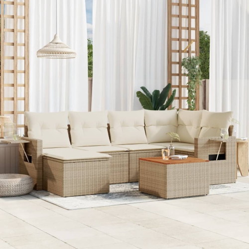 Ensemble de 7 pièces avec divan de jardin et coussins en rotin polyester beige VidaXL