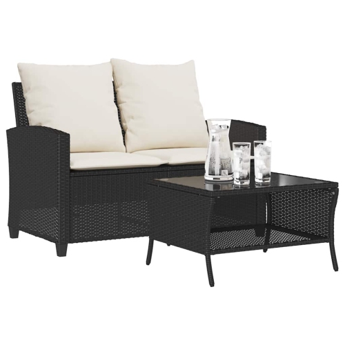vidaXL Garden Sofa 2-Seater with Cushions&Table Black Poly Rattan