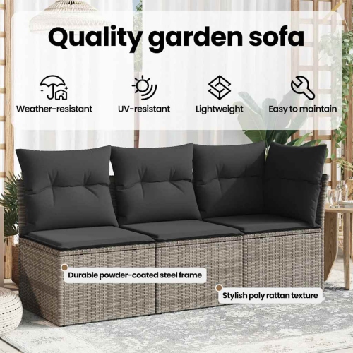 vidaXL Garden Sofa Armless with Cushions Grey Poly Rattan