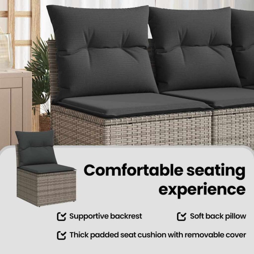 vidaXL Garden Sofa Armless with Cushions Grey Poly Rattan