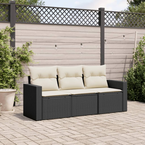 vidaXL 3 Piece Garden Sofa Set with Cushions Black Poly Rattan