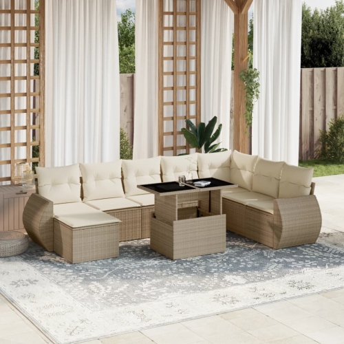 vidaXL 9 Piece Garden Sofa Set with Cushions Beige Poly Rattan