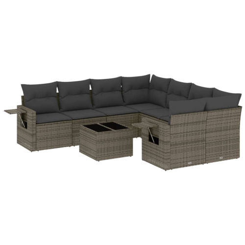 Ensemble de 9 pièces avec divan de jardin et coussins gris en rotin de polyester