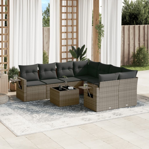 Ensemble de 9 pièces avec divan de jardin et coussins gris en rotin de polyester