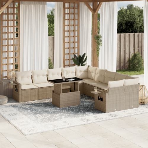 Ensemble de 11 pièces avec divan de jardin et coussins en rotin polyester beige VidaXL