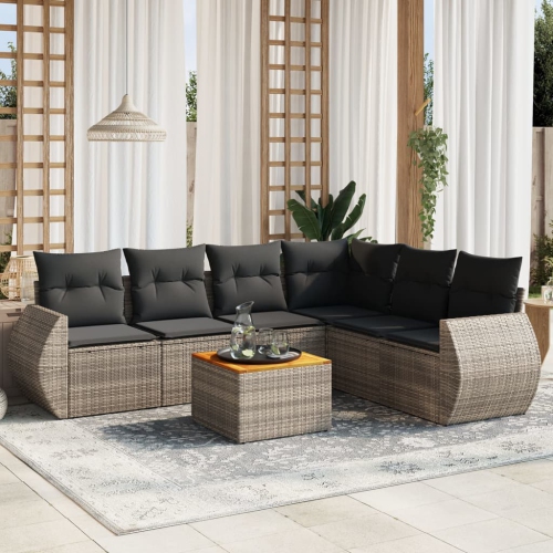 Ensemble de 7 pièces avec divan de jardin et coussins gris en rotin de polyester