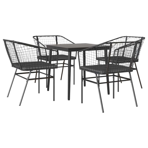 vidaXL 5 Piece Garden Dining Set with Cushions Black Poly Rattan Glass