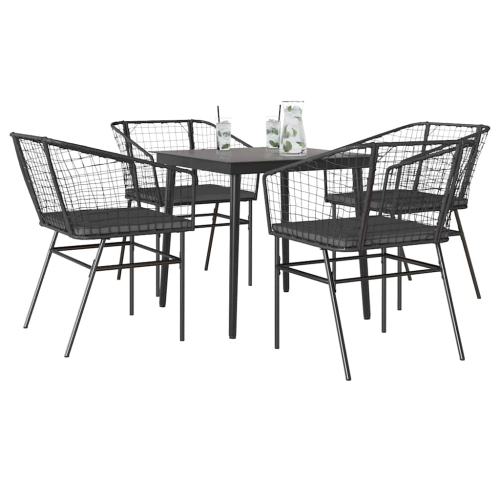 vidaXL 5 Piece Garden Dining Set with Cushions Black Poly Rattan Glass
