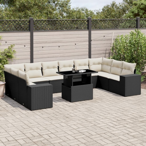 Ensemble de 11 pièces avec canapé de jardin et coussins en rotin de polyester noir VidaXL