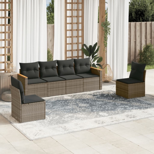 Ensemble de 6 pièces avec divan de jardin et coussins gris en rotin de polyester