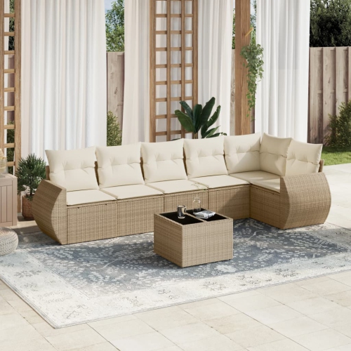 Ensemble de 7 pièces avec divan de jardin et coussins en rotin polyester beige VidaXL