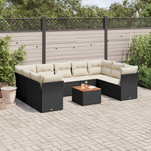 vidaXL 10 Piece Garden Sofa Set with Cushions Black Poly Rattan