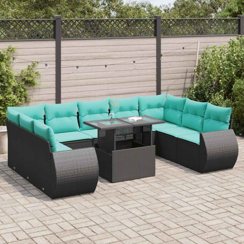 vidaXL 10 Piece Garden Sofa Set with Cushions Black Poly Rattan Acacia