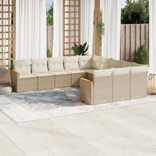 Ensemble de 11 pièces avec divan de jardin et coussins en rotin polyester beige VidaXL
