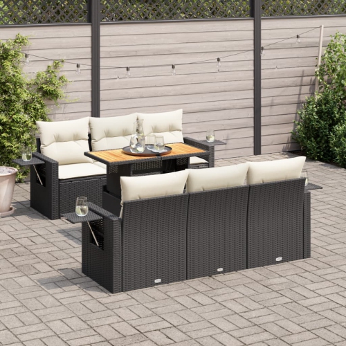 vidaXL 7 Piece Garden Sofa Set with Cushions Black Poly Rattan
